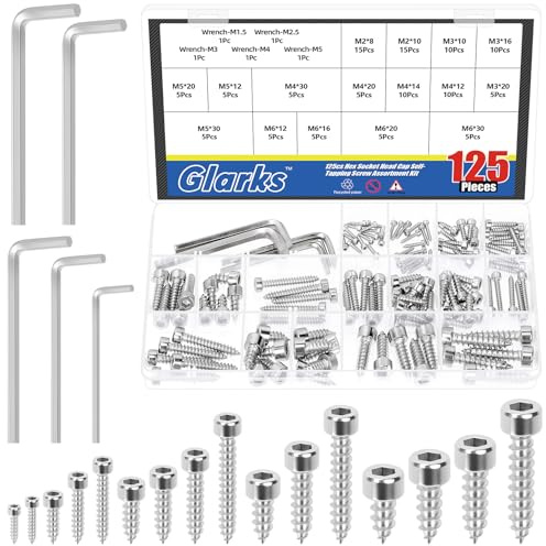 Glarks 125pcs M2/M3/M4/M5/M6 Silver Hex Socket Head Cap Self-Tapping Screw Kit, 120pcs 16 Sizes Hexagon Socket Head Cap Wood Screws, 5pcs 5 Sizes Hex Wrench for Construction Carpentry