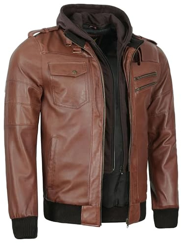 Leatherick Chaqueta Premium de Piel de Cordero para Hombre – Capucha Extraíble de Polar con 7 Bolsillos Funcionales y Cierre Frontal con Cremallera (FR/ES, Letras, XL, Regular, Regular, Marrón)