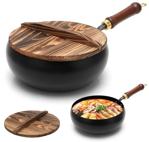 RANJIMA Olla japonesa de hierro, sartén de hierro sin revestimiento, 28 cm, sin revestimiento, forjada con tapa de madera, cacerola grande, olla para sopa, sartén para cocina de inducción y cocina de