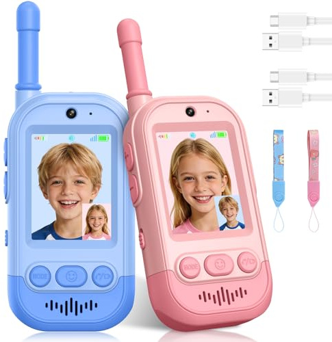 Gofunly Video Walkie Talkie Bambini, Set da 2 Dispositivi Ricaricabili con Interfono Video, Giochi per Interni ed Esterni per Attività in Famiglia per Ragazzo e Ragazza dai 3 ai 12 Anni - Rosa+Blu