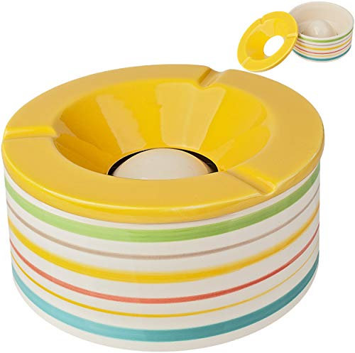 alles-meine.de GmbH großer Aschenbecher/Windaschenbecher - Streifen bunt & gelb - Keramik/Porzellan - Ø 14 cm - groß - mit Deckel/für Draussen & Drinnen - spülmaschinenfest..