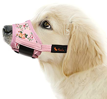 HEELE Hund Maulkorb, Maulkörb für Hunde, Weiche Nylon Drucken Maulkorb Air Mesh Atmungsaktiv Einstellbar Schleife Muster Haustiere Maulkörbe für Kleine Mittlere Große Hunde, Pinke Blume, S