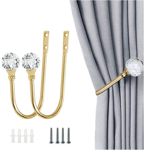 Lot de 2 embrasses de rideaux à fixation murale avec boule de cristal transparent, en métal moderne, décoratif, pour fenêtre, rideaux avec vis (doré)