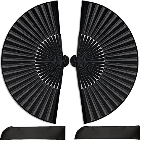 Dimoxii 2 Piéces Eventail Japonais Chinois avec 2 Sacs de Rangement, Éventail Bambou a Main Noir, Petit Eventail Pliable de Poche, Deco Orientale pour Homme,Enfant &Fille (2)