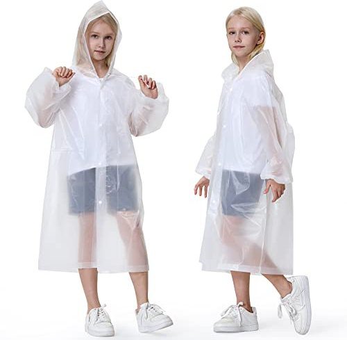 Newbyinn 2 Stück Regenponcho Kinder Wasserdicht, Regencape Regenmantel Mädchen Jungen Festival Wandern Faltbar Weiß