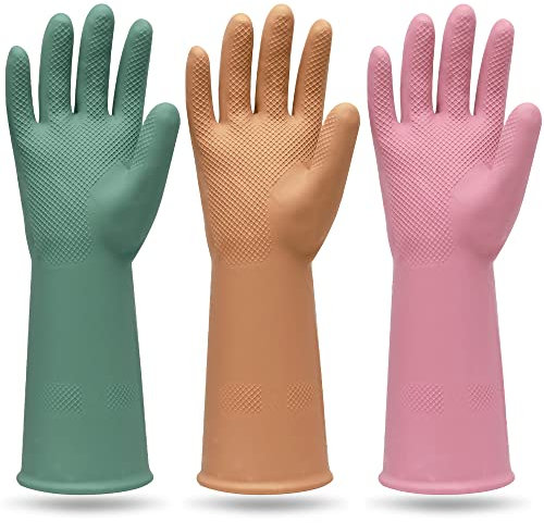 MAMISON Lot de 3 paires de gants de cuisine colorés réutilisables en caoutchouc antidérapants pour la vaisselle (taille L)