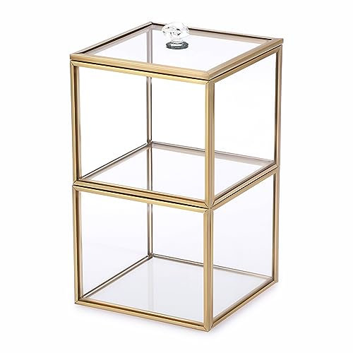 SUMTree 2 Tier Gold Clear Glass Qtip Holder Cotton Balls Swab Organizer with Lid, stackable makeup organizer, cotton pad holder, 10*10*20cm