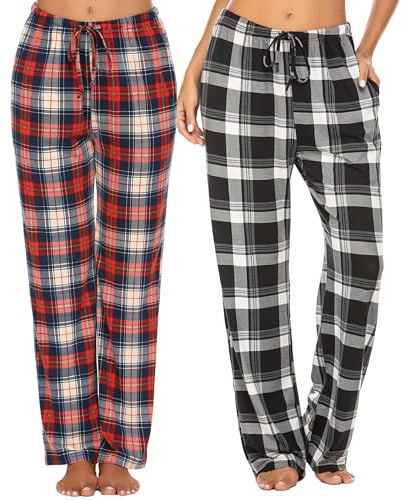 Ekouaer 2 Pack Women's Pyjama Bottoms Checked Lounge Pants with Pockets Ultra Soft Pajama Pants