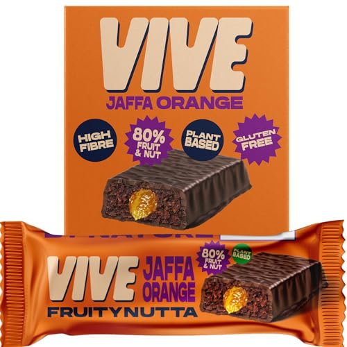 Vive Jammy Jaffa Orange Fruity Nutta Bars – Vegan Fruit & Nut Snack with Real Jam Filling – 80% Fruit & Nut, Belgian Chocolate Coated, High Fibre, Gluten-Free – Pack of 20 Healthy Snack Bars