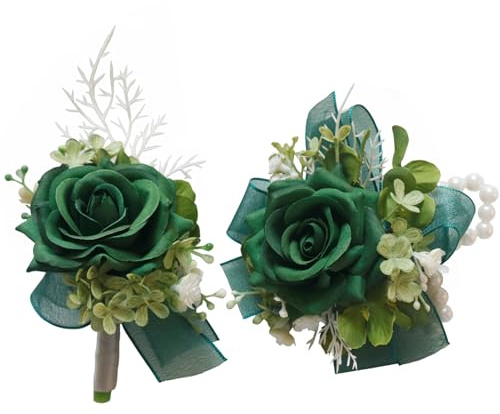 MAFELOE Corsage and Boutonniere Set for Wedding Prom Party Homecoming Celebration Artificial Flower Accessories Suit Decor 2 Pieces - Dark Green