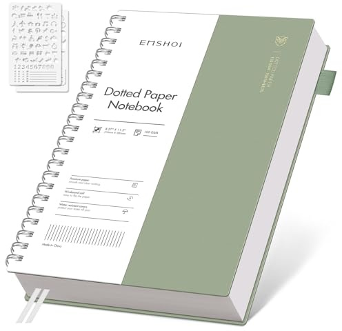 EMSHOI A4 Notebook, Spiral Dotted Journal, 300 Pages, PVC Cover, Sage Green | 100GSM Paper, Flexible Plastic Cover, Notepad with Journaling Stencils, Pocket, Pen Loop, Bookmark Ruler, 21.5 x 27.9cm