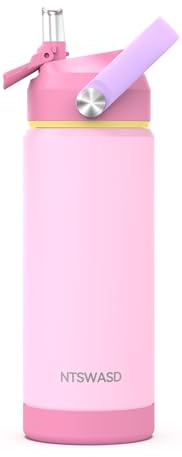 Ntswasd Vattenflaska i rostfritt stål sugrör termosflaska 550 ml-BPA fri läckagesäker termovattenflaska för skola, sport, barn, fitness (rosa)