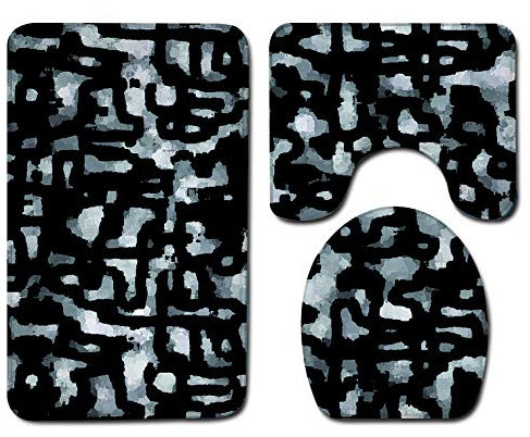 Badezimmerteppich Schwarz Blau Graffiti WC Vorleger mit Ausschnitt WC Deckelbezug 3 Teiliges WC Teppich rutschfeste Badgarnitur U förmiger Badematte Waschbar Bad Teppiche Set 50x80 cm