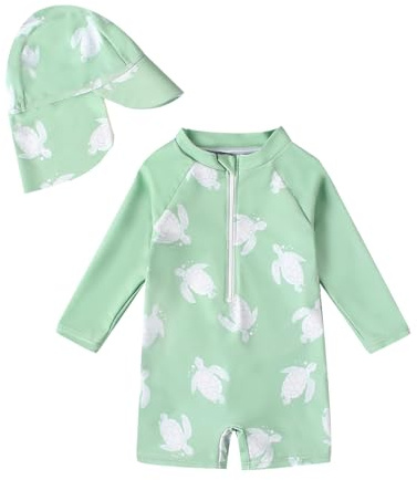 JiAmy Maillot de bain à manches longues UV pour bébé garçon avec chapeau Maillot de bain pour bébé enfant 6 mois à 6 ans, vert, 1-2 ans