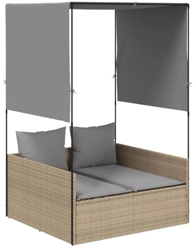Tomostar Bain de Soleil, Chaise Longue Double Jardin Extérieur Transat pour Piscine avec Toit et Rideaux Beige résine tressée