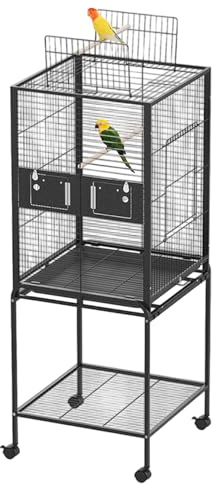 FinerFurnis Spacious Wrought Iron Bird Cage with Rolling Stand, Durable Black Birdcage with Slide-Out, Large Flight Cage for Parrots, Cockatiels, Parakeets, Lovebirds, Canaries, Finches, Budgies