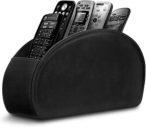Leather Remote Control Holder with 5 Compartments TV Remote Caddy Storage Box/Tray,Desktop Organizer Store Controller,Glasses,Brush,Media Player,Pen,Space Saver for Bedside Table/Office Desk(Black)