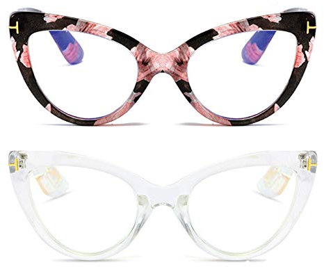 MMOWW Confezione da 2 Occhiali da Lettura Donna con Occhio di Gatto - Occhiali anti-blu Comodi e Alla Moda Grande Cat Eye (Chiaro+Pattern, 2.5)