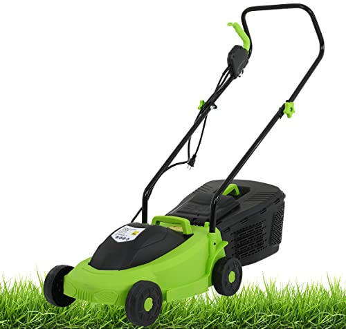HKLGorg Electric Lawn Mower, 13-Inch 12 Amp Corded Push Mower with 3-Position Height Adjustment, 25L Collection Box, Corded Folding Handle, Electric Dethatcher for Yard, Lawn and Garden Care (Green)