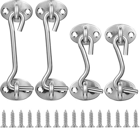 VILLCASE Sturmhaken, Silber Sturmhaken mit öSe, 4 Stück Kabinenhaken Edelstahl mit 16 Stück Montage Schrauben für Gartentor Holz, Schwingtür (4inch & 3inch)