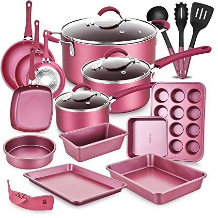 NutriChef Set Pentole e Padelle Antiaderenti in Ceramica con Coperchi e Utensili, 20 Pezzi, Teglie da Forno per Pizza, Pane, Teglie Forno per Dolci, Torta, Biscotti, Stampo Muffin e Stampo Plumcake