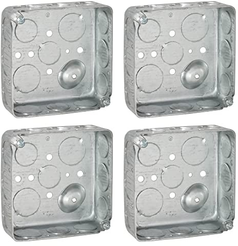 (4 Pack) 4'' Square Electrical Box, Drawn Construction, Ten 1/2'' and Six 3/4'' Knockouts, Raised Ground, 21.0 Cu. in. Capacity, 1-1/2'' Deep, Galvanized Steel, Combination Screw Heads