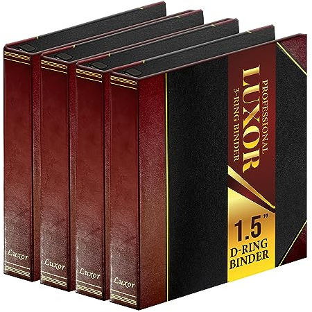 Performore 4 Pack of Professional Luxor 3 Ring Binder 1.5 Inch Locking Slant Angle D-Rings, Maroon Turned Edge Flat, Durable Heavy Duty Presentation Folder Binder for Documents Paper Files Projects