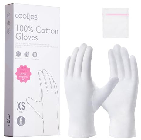 COOLJOB Guanti di cotone, guanti in tessuto bianco, 100% cotone, per mani asciutte e dermatite atopica, guanti idratanti, lavabili – Sacchetto di lavaggio incluso (6 paia, taglia XS)