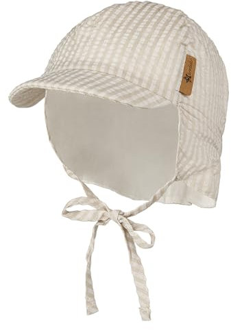 Sterntaler Schirmmütze Nacken Streifen - Jungen Mütze aus Seersucker - UV-Schutz 30 Sommermütze mit Nackenschutz - Sonnenhut - Baby und Kinder Kopfbedeckung zum Binden - beige, Größe 37