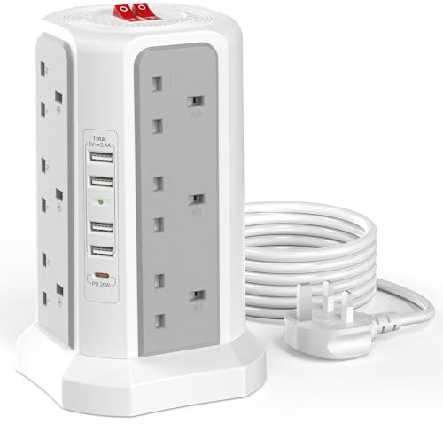 Tower Extension Lead with USB Slots with 20W USB C Fast Charger(5V/3.1A), HAFINO 12 Way Plug Extension Tower, Surge Protected Extension Lead with Switch, Multi Plug Socket with 3M Extension Cable