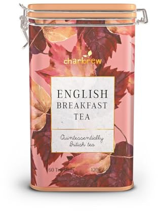 Charbrew Autumn Floral English Breakfast Metal Tea Tin Caddy Gift – 60 Teabags Black Tea