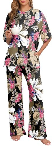 PrinStory Ensemble de pyjama pour femme avec col rond - Ensemble de pyjama à manches courtes avec T-shirt et pantalon long de nuit - Vêtement de détente, XL
