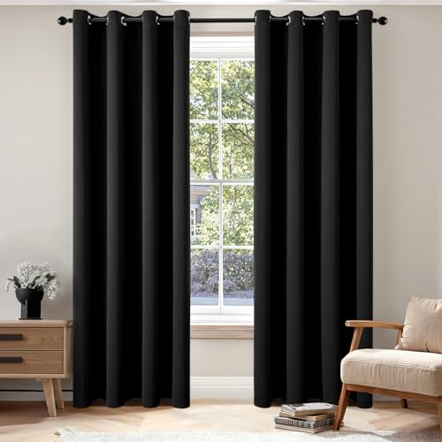 EMEMA Vorhänge Schwarz Blickdicht mit Ösen 225 cm Lang, Weiche Verdunklungsvorhänge von Räumen, 2er Set Abdunkelnde Vorhänge für Wohnzimmer Schlafzimmer, Blickdichte Ösenvorhänge Jeder H225 x B140 cm