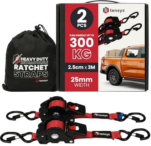 TENSYS Retractable Ratchet Tie Down Straps Set – Heavy Duty Auto Self Retracting Ratchet Straps with Padded Handles for Cargo Luggage Furniture Motorcycle Roof Rack, Red, 2 Pack, 25mm x 3m