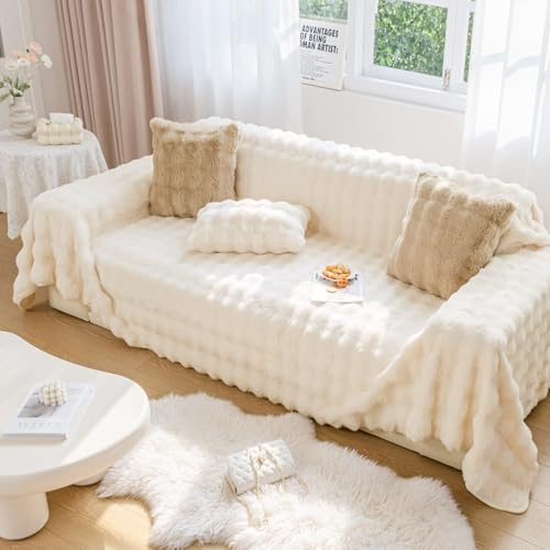 Royhom Rabbit Plush Sofa Covers 3 Seater, Corner Couch Covers L Shape, Couch Cover for Dogs, Washable Sofa Slipcovers, Soft, Breathable, Thick (White, 180x340cm)