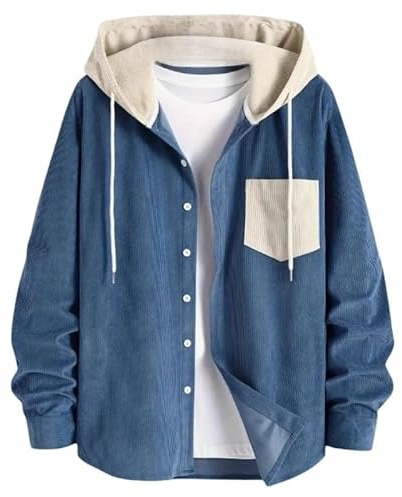 WLLDDDIU Chaquetas de Pana con Capucha para Hombre, Sudaderas Casuales de Manga Larga con Botones y Bolsillo en El Pecho, Cárdigan Holgado de Color contrastante para Otoño, Prendas de Abrigo S XXL