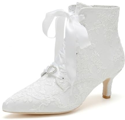 Botas De Novia De Encaje para Mujeres con Punta Afilada Y Tacón Kitten, Zapatos De Boda De Encaje, Botas De Tobillo De Novia,Blanca,41 EU