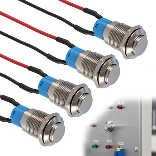 Set di 4 interruttori a pulsante 12 mm impermeabili IP65 pre-cablati 15 cm | pulsanti in metallo con guscio in ottone nichelato e contatti in argento per progetti elettronici e automobilistici