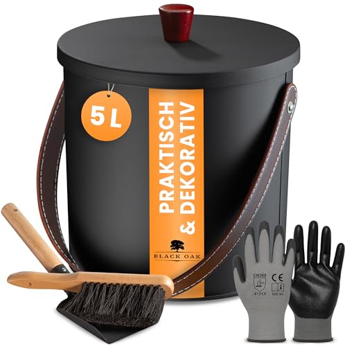 BLACK OAK Cubo de cenizas TOBA 5L – negro con tapa con pomo de madera + cepillo + pala y guantes – 5 l acero galvanizado y recubierto de polvo cubo para cenizas de carbón pellets chimenea