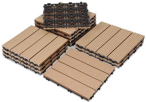Peviasot 30 x 30 cm WPC klickplattor, set om 11 m, terrassplattor i träutseende med dränering, golvbeläggning för balkong, terrass och trädgård, vattentät och halkfri, teak