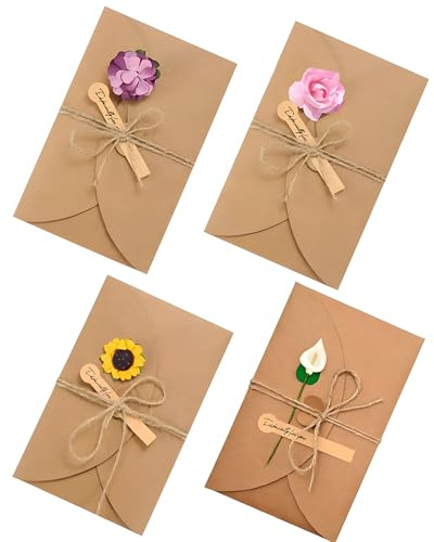 GONZTEL Lot de 4 cartes de vœux élégantes avec fleurs séchées & enveloppes kraft rétro pour mariage, anniversaire, Fête des Mères, remerciement, message personnalisé