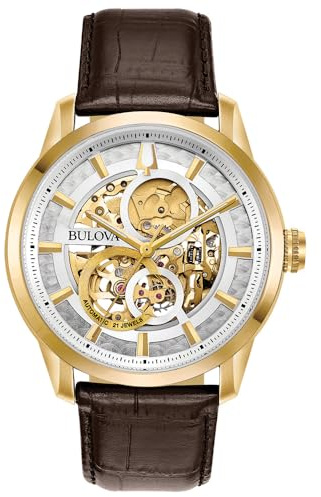 Bulova Men's Classic Sutton Automatic Skeleton Dial Brown Leather Strap Watch | 43mm | 97A138