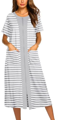 Ekouaer Robes For Women Zipper Front Bathrobe Short Sleeve House Coat Long Nightgown With Pockets Soft Loungewear A-white