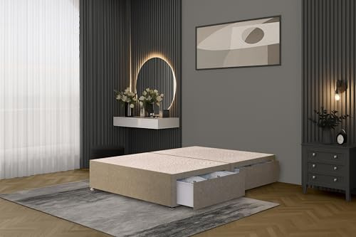 Bed Centre Flexby Divan Bed Base Only with 2 Drawers (Same Side), No Headboard - Available in 3FT, 4FT, 5FT & 6FT (6FT Super King, Linen Wheat Fabric)