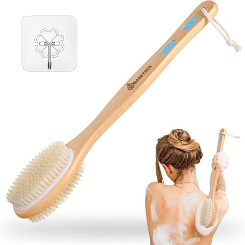 Hanstock Back Scrubber, 43cm Long Wooden Double-Sided Shower Body Brush with Soft Bristles For Sensitive Skin and Stiff Bristles for Exfoliating Skin
