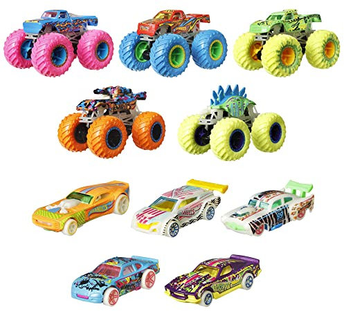 Hot Wheels Toy Monster Trucks 10-Pack of Glow-in-the-Dark 1:64 Scale Vehicles, GITD Set of 5 Trucks & 5 Cars, Play Vehicles for Kids & Collectors, HCB57