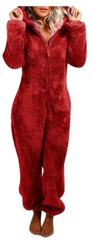 Jumpsuit Damen Teddy Fleece Einteiler Overall Anzug Flauschig Schlafanzug Winter Warm Onesie Plüsch Kuschelig Overall Hausanzug Lang Schlafoverall Weich Pyjama Schlafanzug mit Kapuze S-5XL