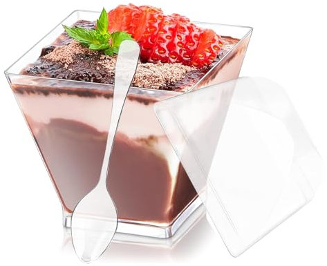 Dtldxx Lot de 50 tasses à dessert avec couvercles et cuillères, 210 ml Bols à verrine Réutilisables,DIY Coupe à Dessert Plastique pour Mousse crème au Chocolat Pudding Dessert