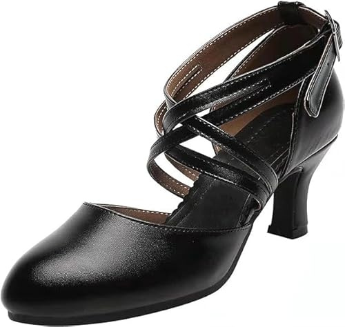 Rosefinch Latino in Pelle Cinturino Incrociato Antiscivolo Punta Chiusa Scarpe da Ballo Salsa Tango Prestazioni Matrimonio Partito 7cm Tacco, Nero 36EU