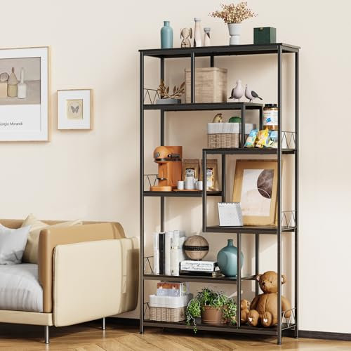 Bealife Bücherregal, 5-stöckiges Versetztes Bücherregal. Offenes Freistehendes Regal für Wohnzimmer, Industriedesign, 98 x 30 x 180 cm, Büro, Arbeitszimmer, Schwarz